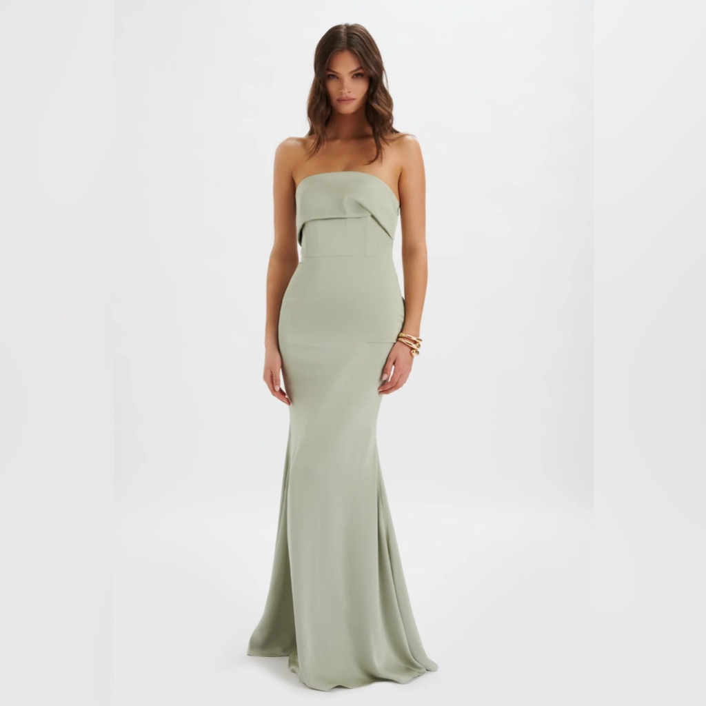Jovie Bow Detail Bandeau Satin Maxi Dress In Sage Green Strapless Gown